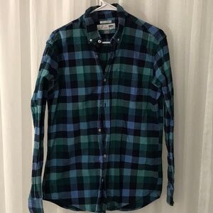 M Old Navy 100%% Cotton Men's Blue Button-Up Shirt blue green plaid long sleeve